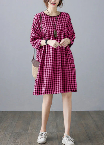 O-neck Wrinkled Pocket Blue Linen Loose Dresses Half Sleeve