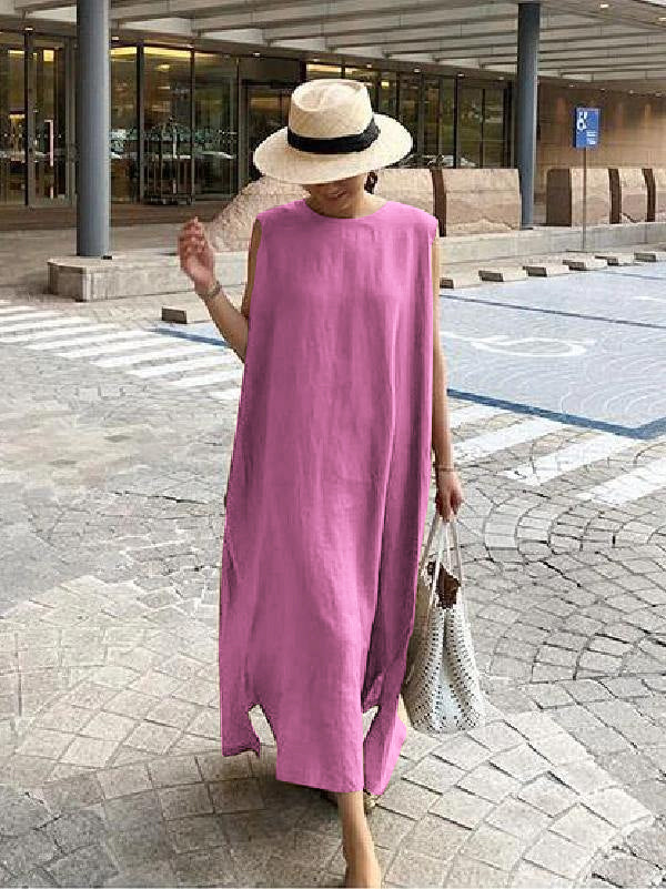 O Neck Side Open Linen Cotton Clothes Fabrics Color Geometry Dress