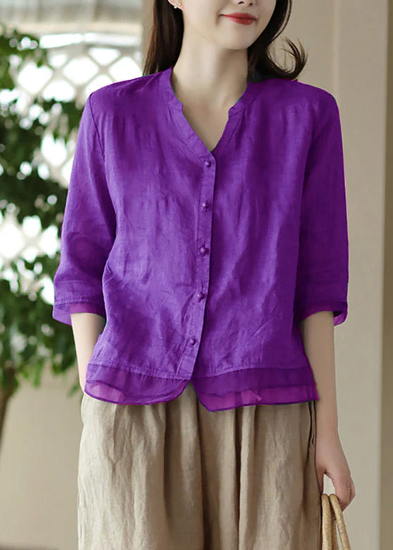 Black Plaid V Neck Embroidered Ramie Shirt Half Sleeve