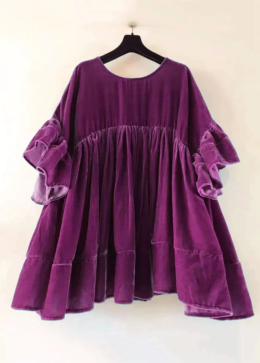 Purple Wrinkled Patchwork Velour Short Dress Butterfly Sleeve
