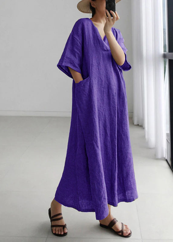 Grey Peter Pan Collar Pockets Linen Long Dresses Short Sleeve