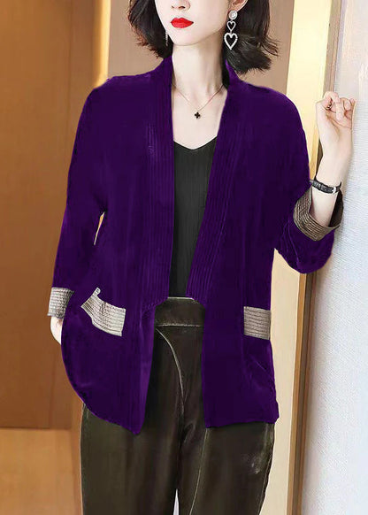 Loose Wine Red V-neck Pockets Silk Velour Cardigans Bracelet Sleeve