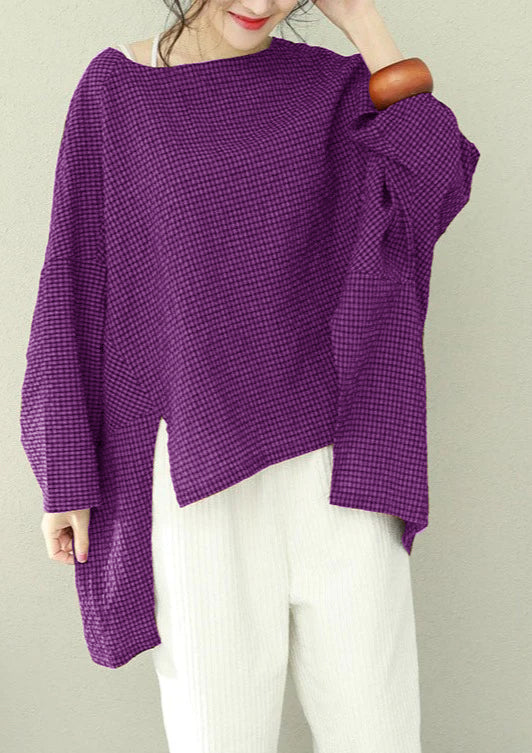 Asymmetric Cotton Fine Work Purple Plaid Oversized Tops