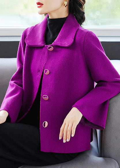 Classy Purple Peter Pan Collar Pockets Woolen Coat Fall