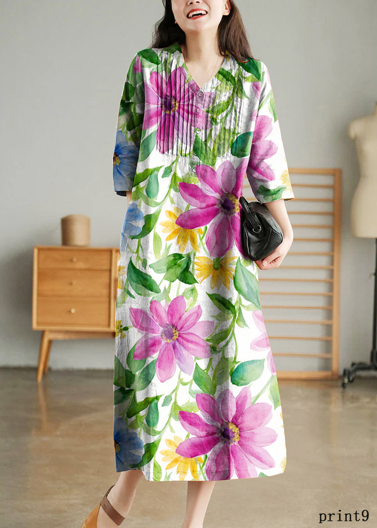 White Print9 Loose Linen Long Dresses Button Half Sleeve