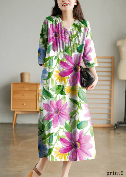 Grey Print6 Loose Linen Long Dresses Button Half Sleeve