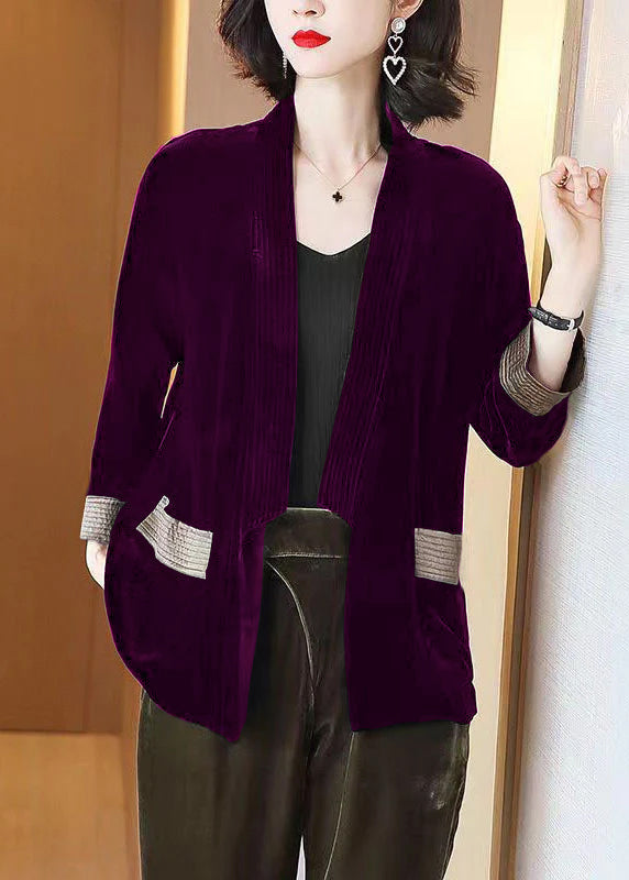 Loose Green V-neck Pockets Silk Velour Cardigans Bracelet Sleeve