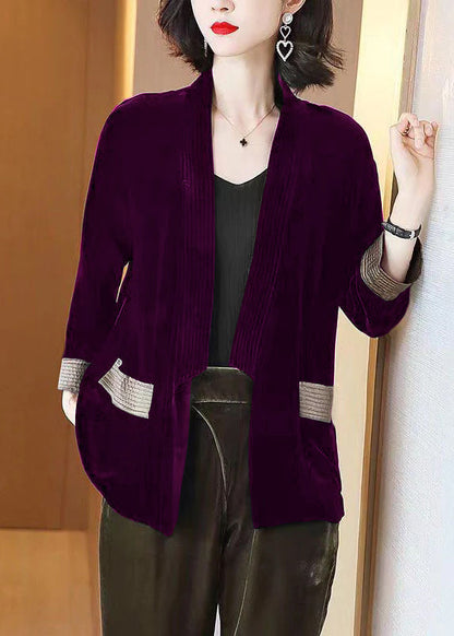 Loose Blue V-neck Pockets Silk Velour Cardigans Bracelet Sleeve