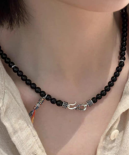 Fine Black 925 Silver Agate Inlaid Pendant Necklace