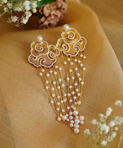 Gold Sterling Silver Overgild Zircon Auspicious Clouds Pearl Tassel Drop Earrings
