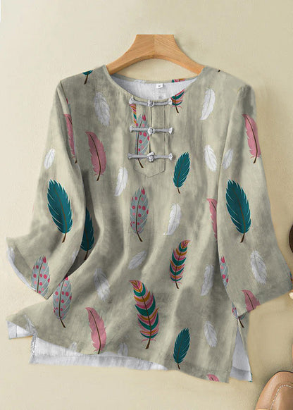 Grace Style Pink Crane O-neck Print Oriental Button Side Open Linen Shirt Top Bracelet Sleeve