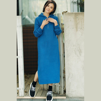 Aesthetic Blue Sweater Outfits Tunic Hooded Side Open Knit Dress