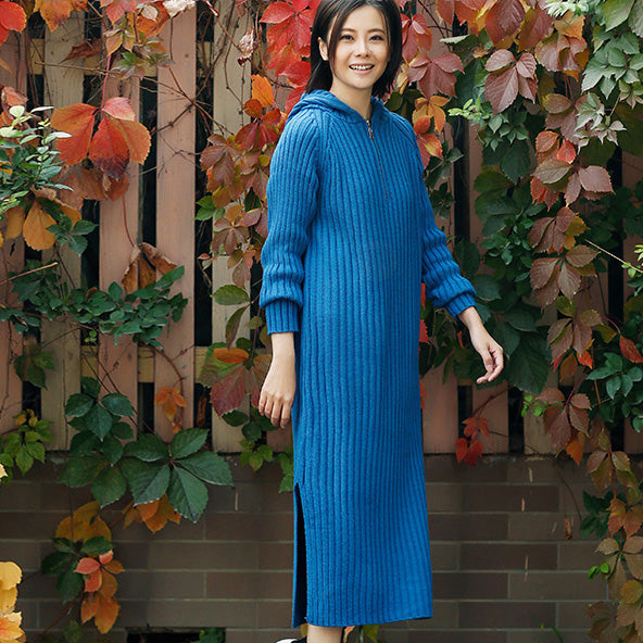 Aesthetic Blue Sweater Outfits Tunic Hooded Side Open Knit Dress