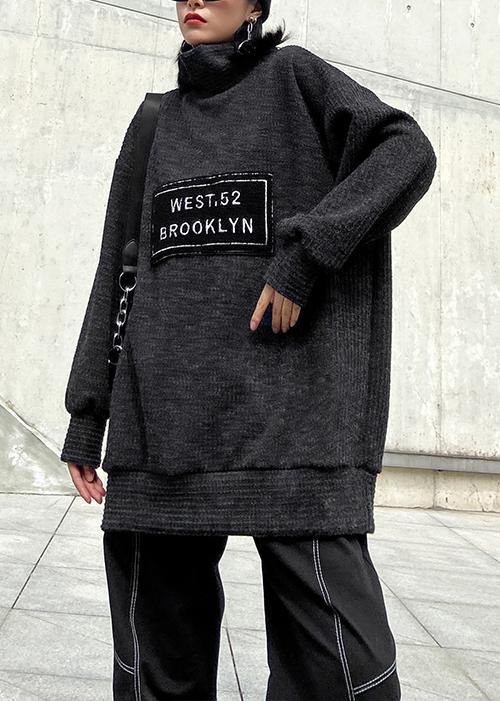 Aesthetic dark gray knit blouse high neck Letter plus size Winter sweaters