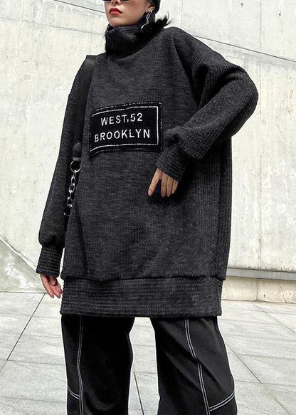 Aesthetic dark gray knit blouse high neck Letter plus size Winter sweaters