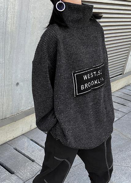 Aesthetic dark gray knit blouse high neck Letter plus size Winter sweaters