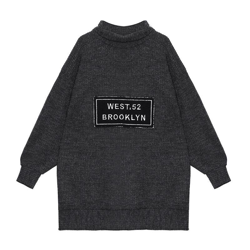 Aesthetic dark gray knit blouse high neck Letter plus size Winter sweaters