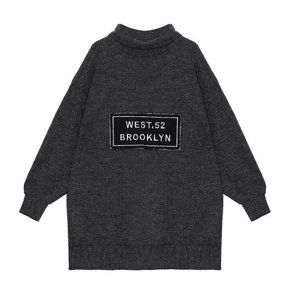 Aesthetic dark gray knit blouse high neck Letter plus size Winter sweaters