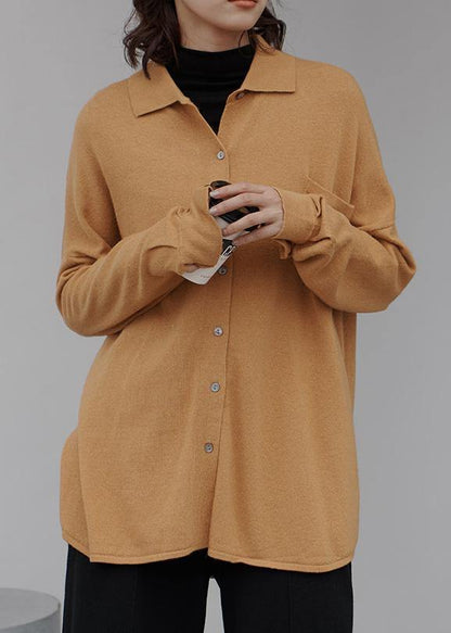 Aesthetic Khaki Knit Top Silhouette Lapel Collar Knitwear Fall
