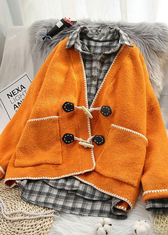 Aesthetic Pink Knit Coats Oversized V Neck Horn Buckle Knit Outwear