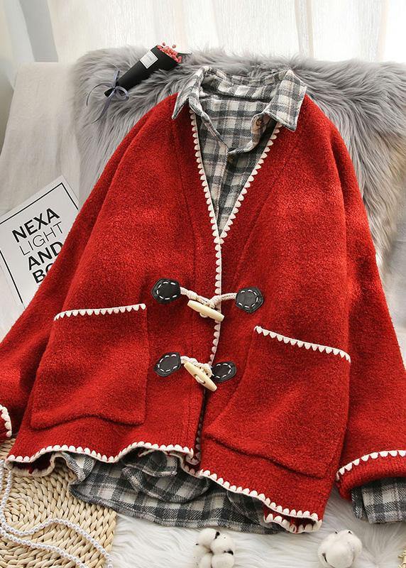 Aesthetic Pink Knit Coats Oversized V Neck Horn Buckle Knit Outwear