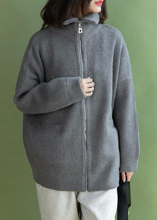 Aesthetic Winter Knitted Coat Gray Zippered