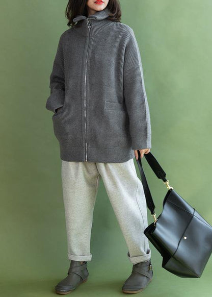 Aesthetic Winter Knitted Coat Gray Zippered