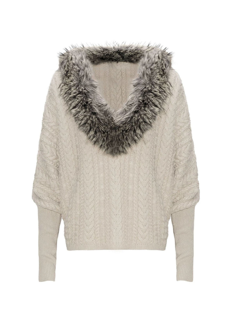 American Spicy Girl Bat Sleeve Fur Collar Patchwork Knitted Sweater