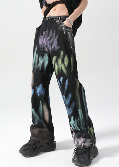 American Style Apricot Spray Painted Denim Straight Leg Pants Fall