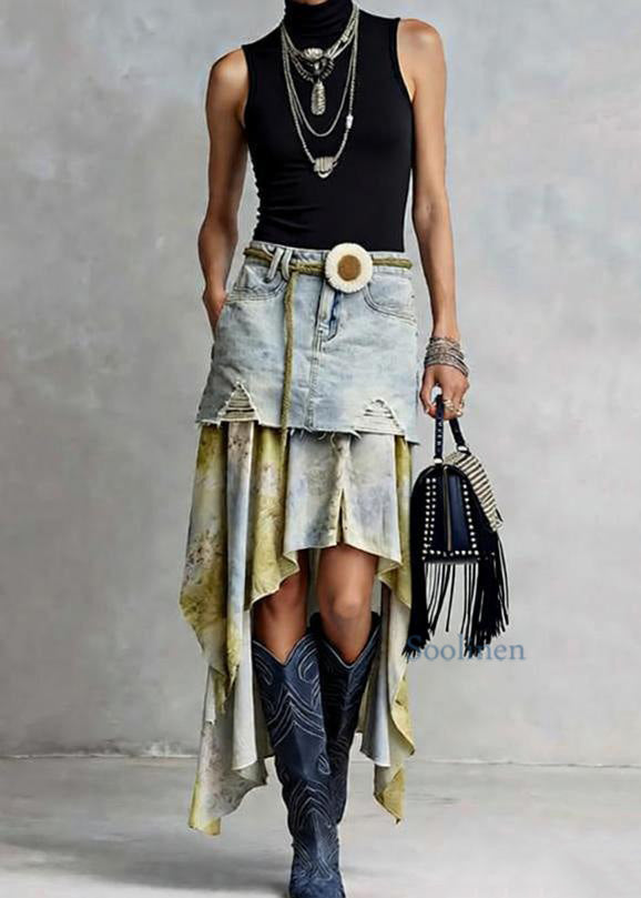 American Style Asymmetrical Tulle Patchwork Denim Skirts Spring