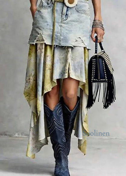 American Style Asymmetrical Tulle Patchwork Denim Skirts Spring