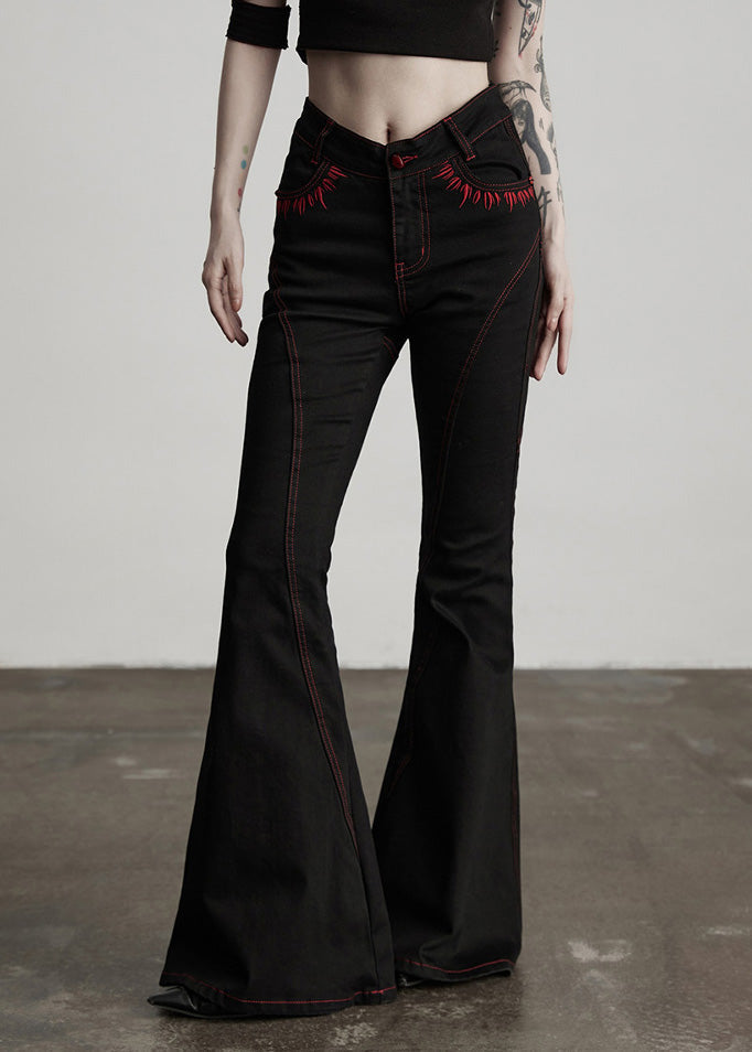 American Style Black Embroidered Pockets Cotton Flared Trousers Spring