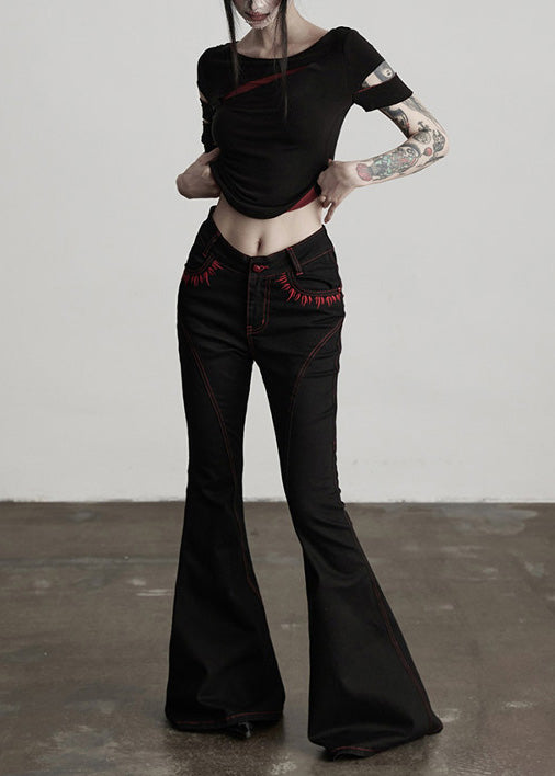 American Style Black Embroidered Pockets Cotton Flared Trousers Spring