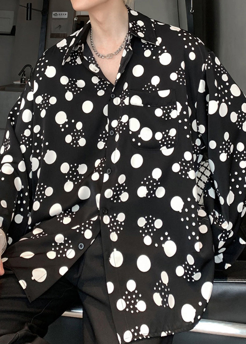 American Style Black Print Hawaiian Shirts Long Sleeve