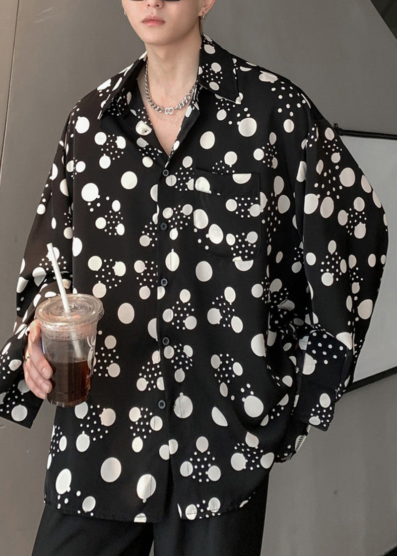 American Style Black Print Hawaiian Shirts Long Sleeve