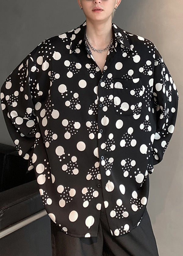 American Style Black Print Hawaiian Shirts Long Sleeve