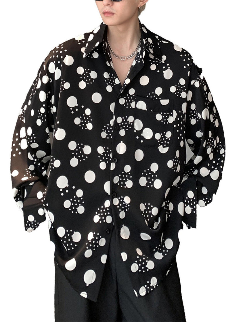 American Style Black Print Hawaiian Shirts Long Sleeve