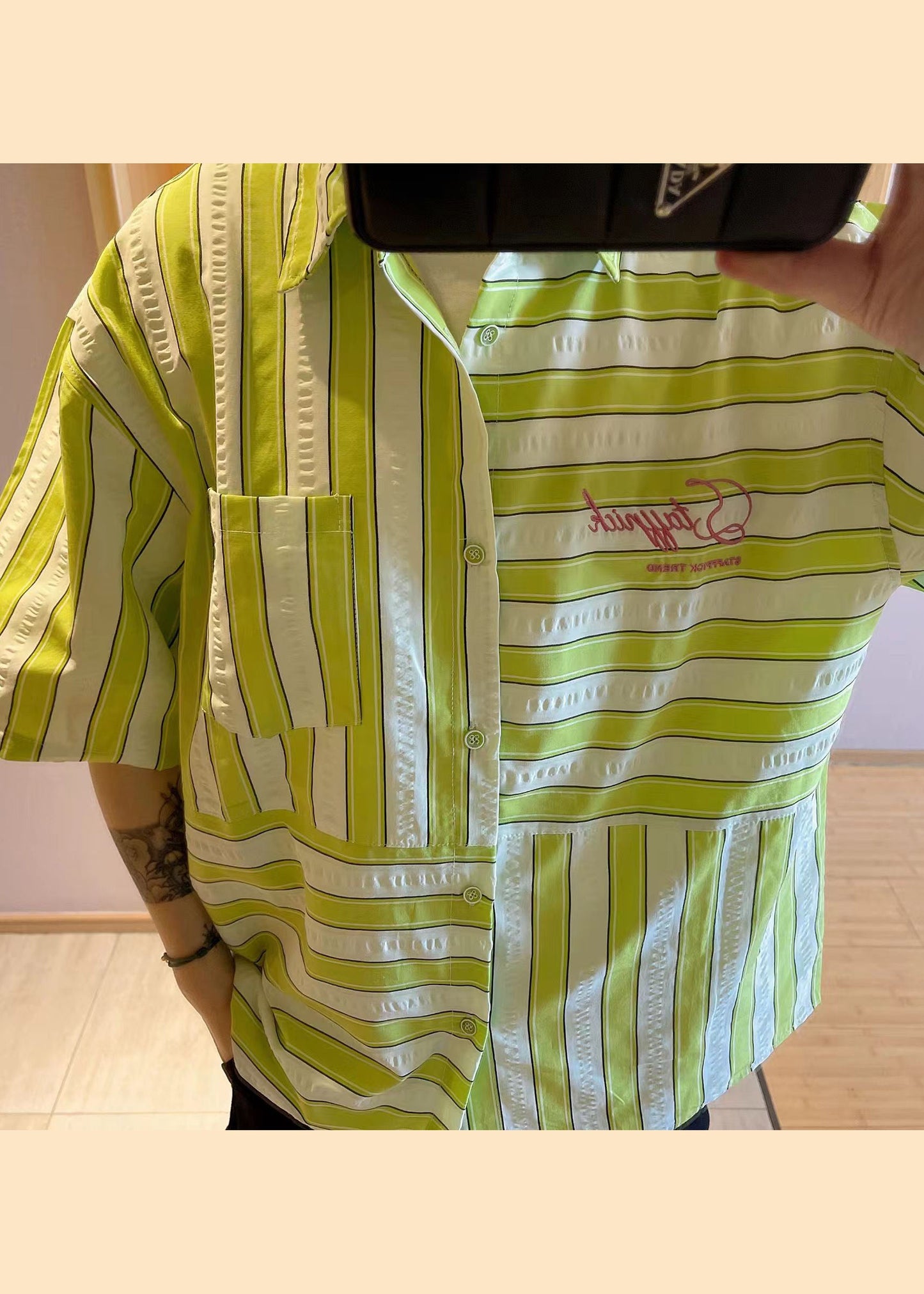 American Style Green Striped Patchwork Cotton Shirts Summer