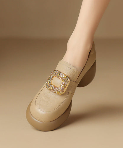 Apricot Chunky Sheepskin Soft Splicing Zircon Loafers for