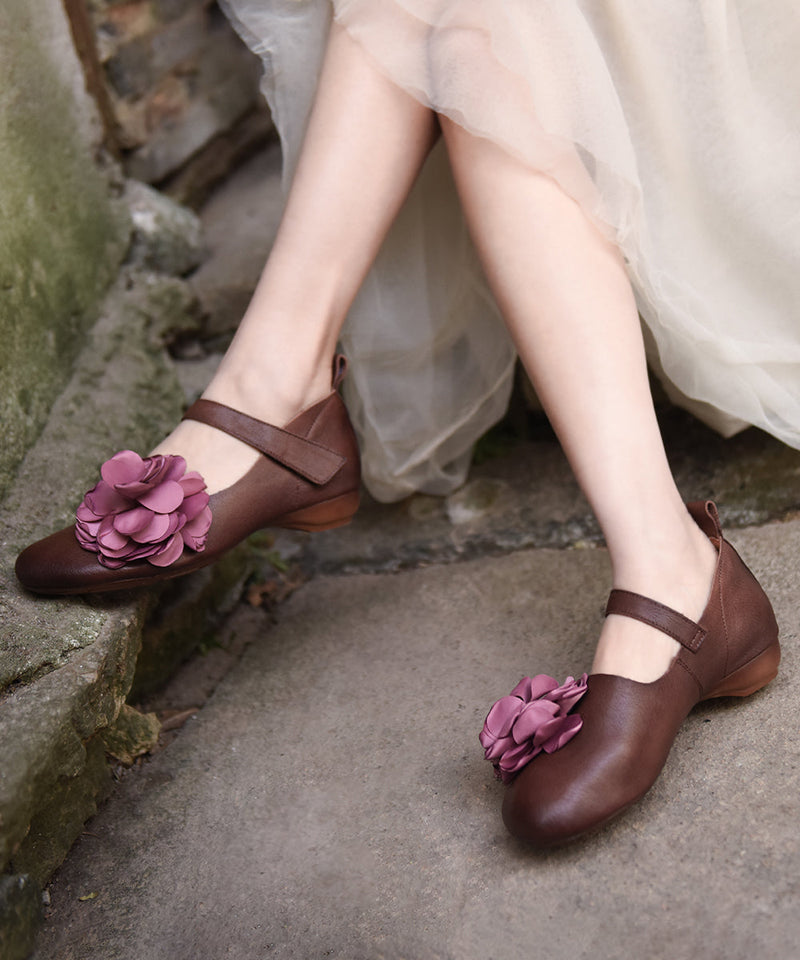 Apricot Cowhide Leather Flat Shoes Splicing Buckle Strap