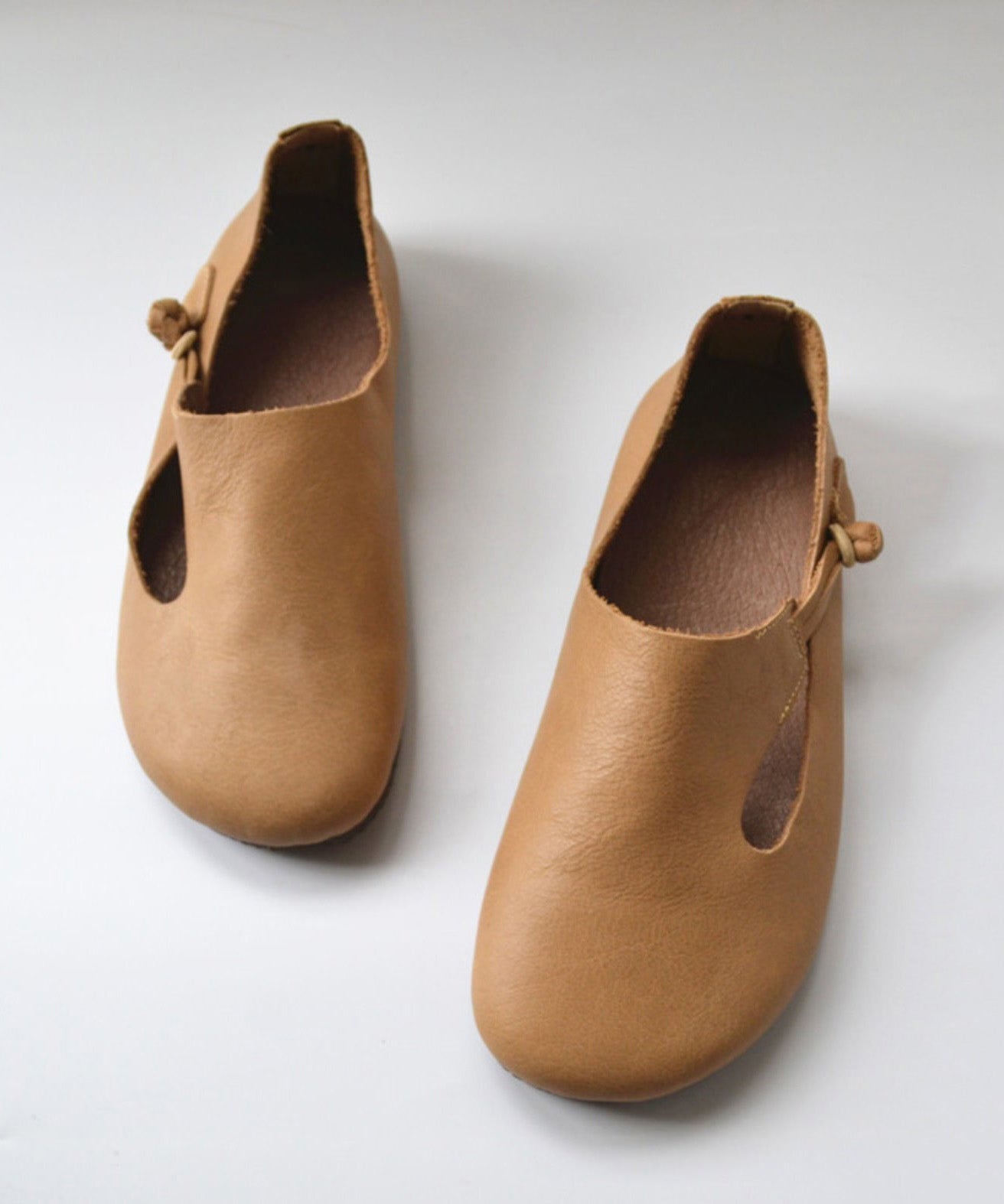 Apricot Cowhide Leather Splicing Flat Shoes for