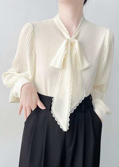 Apricot Draping Chiffon Blouses Bow Wrinkled Spring