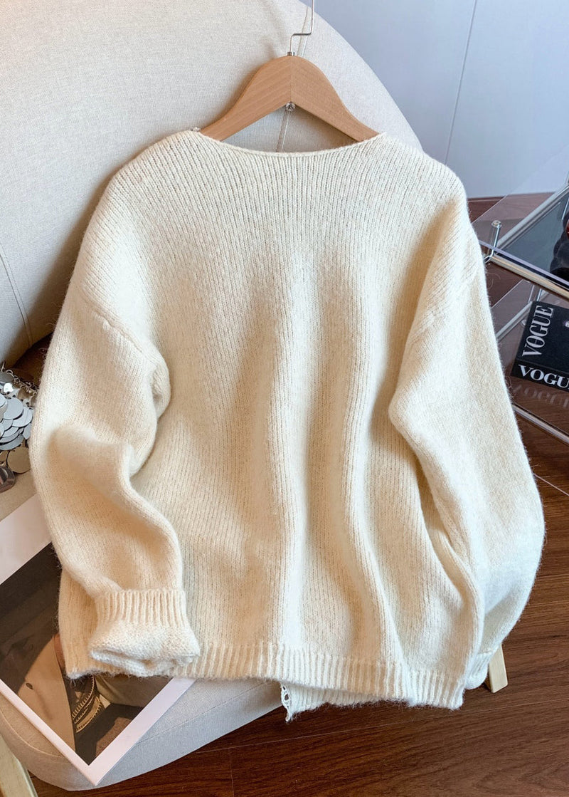 Apricot Button Patchwork Knit Winter Coat V Neck