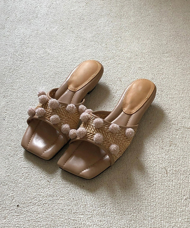 Apricot Fuzzy Ball Ddecorated Splicing Wedge Slide Sandals Peep Toe