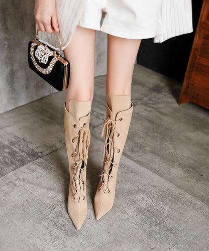 Apricot High Heel Suede Cross Strap Splicing Boots