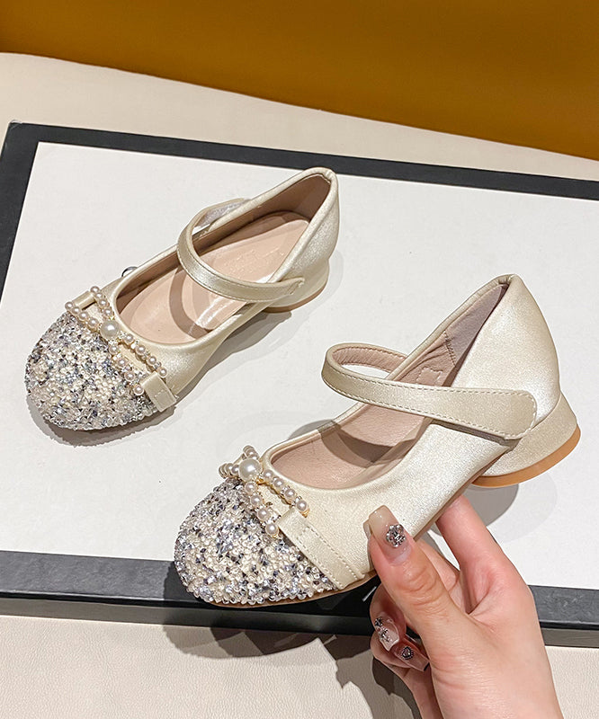 Apricot Kids Nail Bead Zircon Buckle Strap Princess Flat Feet Shoes