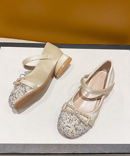 Apricot Kids Nail Bead Zircon Buckle Strap Princess Flat Feet Shoes