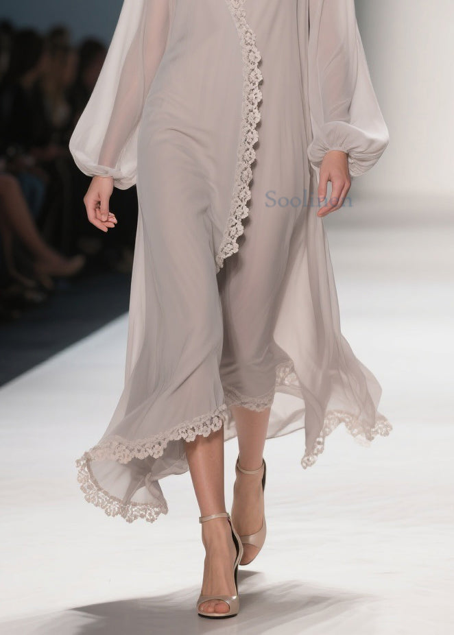 Apricot Lace Chiffon Maxi Dresses V Neck