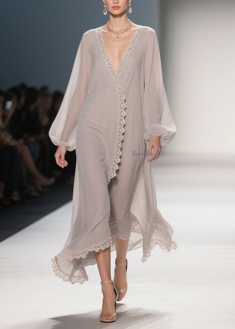 Apricot Lace Chiffon Maxi Dresses V Neck