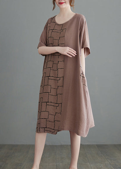Apricot Loose Cotton Dress O-neck Short Sleeve